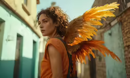 a woman with a big wing on her shoulders and hair
