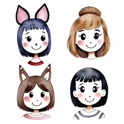 a few drawings of different faces for kids,three women in different styles of hair