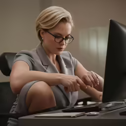 a woman sitting in front of a computer with a keyboard