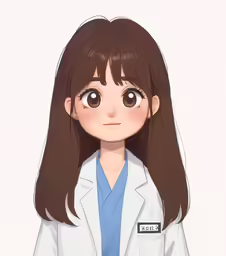a girl in a lab coat is looking to the side