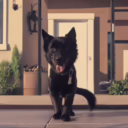 a black dog is running on a sidewalk