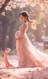 girl in a dress and a turtle by trees