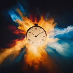 a big clock in the middle of colorful clouds