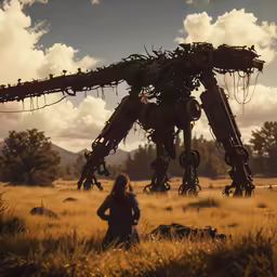 a woman stands in the field with a giant robot on her back