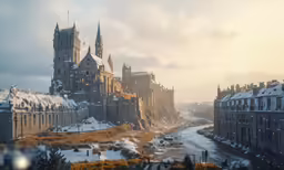 a city with towers is surrounded by snow
