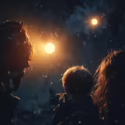 a woman and child in the snow at night