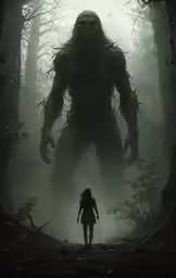 a woman with a knife standing in the middle of a forest