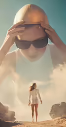a lady with a helmet is standing at the beach
