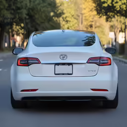 a white car driving down a street with trees in the background