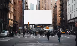 a group of people cross the street in front of a billboard