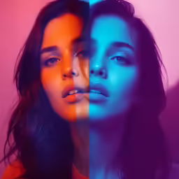 two women with their faces obscured by blue and orange lights