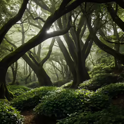 a lush green forest with foggy trees