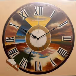 an image of a clock that is displaying the different times,the clock is shaped like a painting