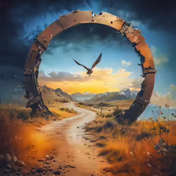 there is a picture of a large circular arch with a bird flying over it