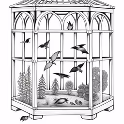 birds flying inside of a decorative birdcage,a bird in a cage is flying by,a drawing of a birdcage with the words under glass,a bird cage filled with birds and some water,a drawing of a bird inside a bird cage