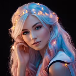 the woman with long hair is wearing light colored lights