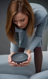 a woman is bending over an empty tray