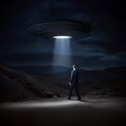 a man standing in the dark, with an alien hovering over his head