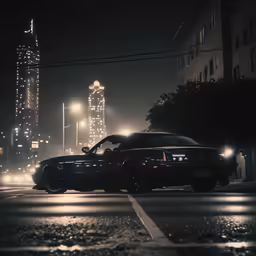 the vehicle is driving through the city at night