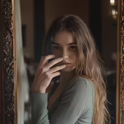 a woman with blonde hair taking a photo
