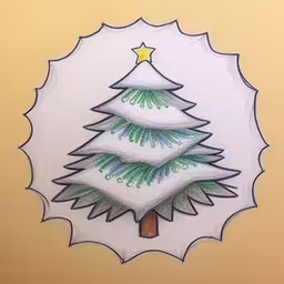 a handmade christmas tree made with colored pencils,a christmas tree on a white plate that has a small star on it,a drawing of a christmas tree on paper,this handmade christmas card features two christmas trees,this is a drawing of three trees on paper