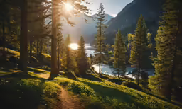 the sun is shining through the trees onto a trail