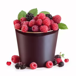 a cup with berries and berries around it