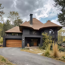 large home with nice design with black stucco and brown roof
