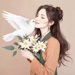 the young woman is holding white flowers and a bird