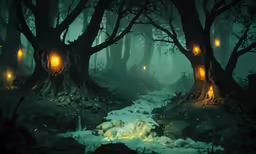 the landscape is dark and dimly lit by lanterns