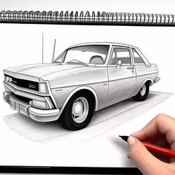a hand with pencils draws on a drawing of a car,a person is drawing a classic car with pencil