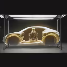 a lit up display case with a yellow bottle inside of it