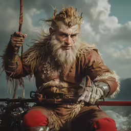 the man is dressed in a warrior costume