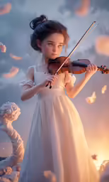 a little girl is holding a violin