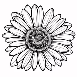 the black and white drawing of a flower,a black and white photo of a large flower,a sunflower with an interesting black outline,a sunflower with a center flower in the middle,a drawing of a sunflower with petals
