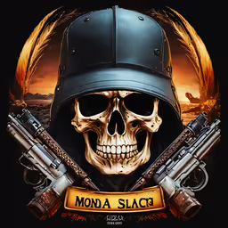 a skull wearing a military helmet and holding two guns,skull wearing a helmet holding two guns and an orange banner that says mosa slaci