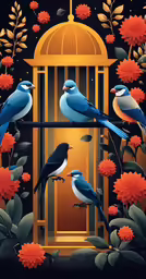 several birds are in front of a cage