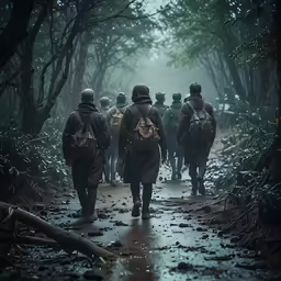 a group of people in coats walking through a forest