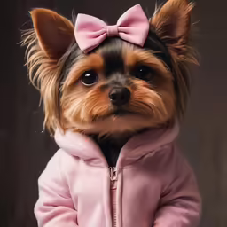 small dog with pink coat and bow in its ear