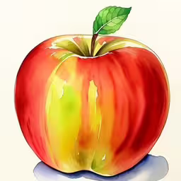 a watercolor painting of an apple that has been painted in red and yellow,a drawing of an apple with a green leaf on it