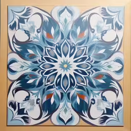 an abstract painting in blue and orange,blue, brown and white artistic painting with an orange frame