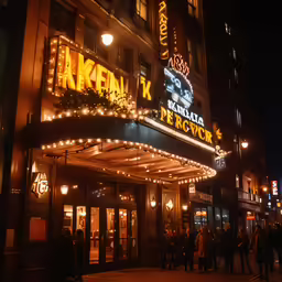 a building with lights and decorated entrance and door