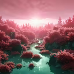 a surreal, landscape image of a river running through the forest