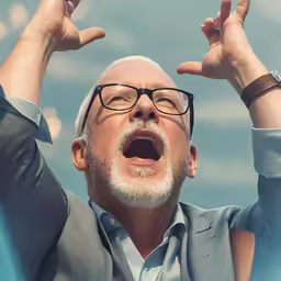 a man with his hands up making the sign of victory