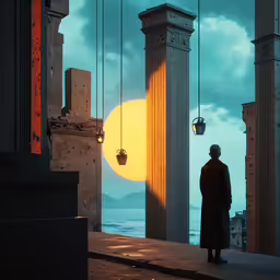 a man in an old fashioned red hat is standing near columns while the sun sets