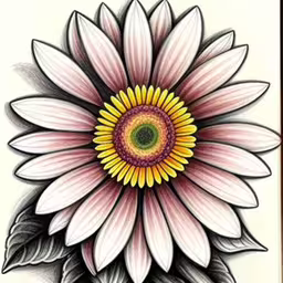 an image of a flower in black and white,a drawing of a colorful flower in the corner,a drawing of a sunflower with flowers inside it,a drawing of a flower on white paper,a flower with some water droplets inside it