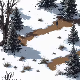 a snowy hill with small trees and dirt path