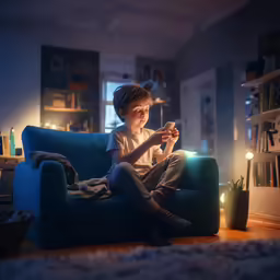 a little boy sitting on a couch playing with a remote
