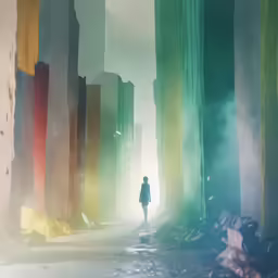 a person is standing amongst different colored columns