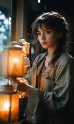 the woman is holding a candle in front of the window